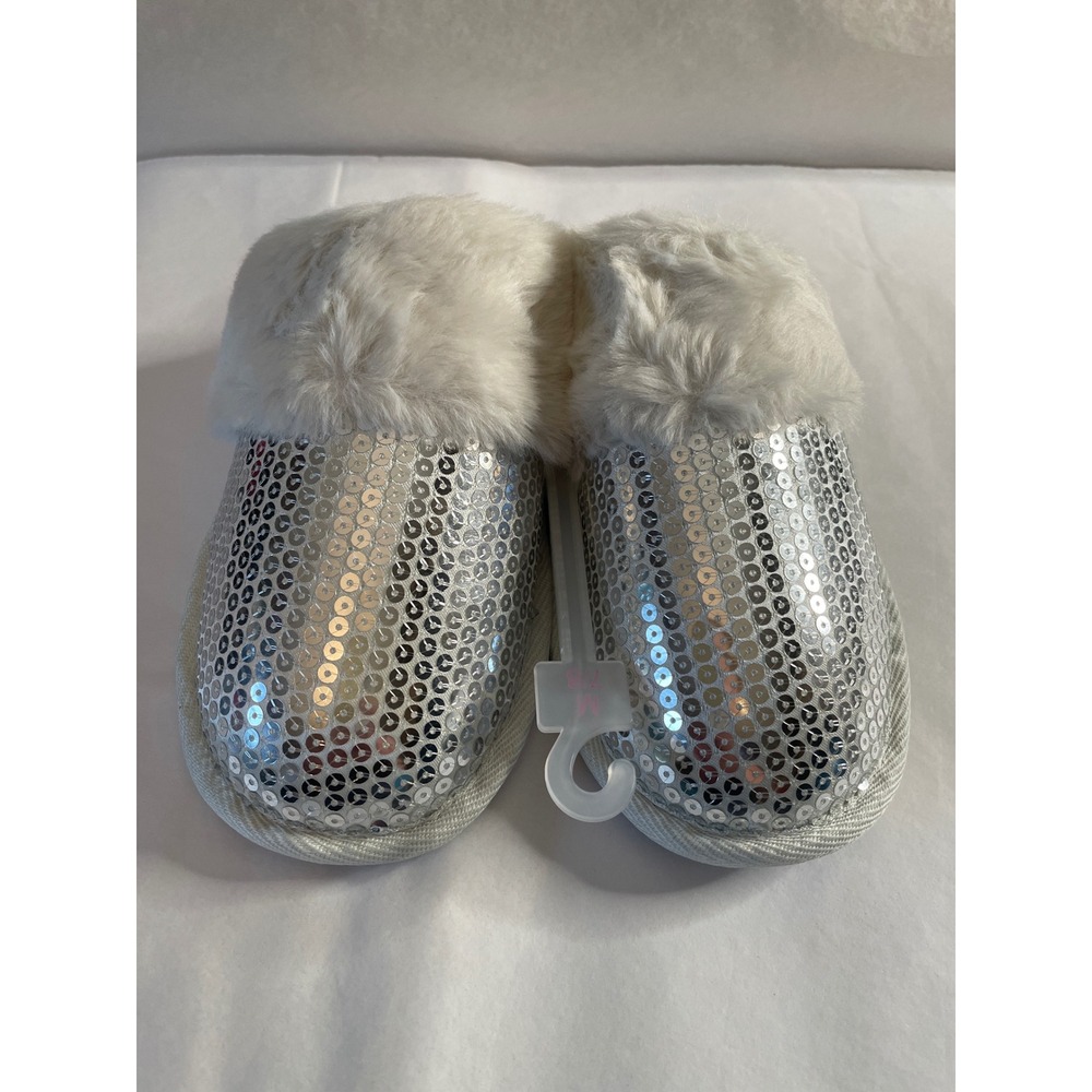 Auden Silver Sequin Faux Fur Slippers Women Medium 7-8 Scuff Slides New